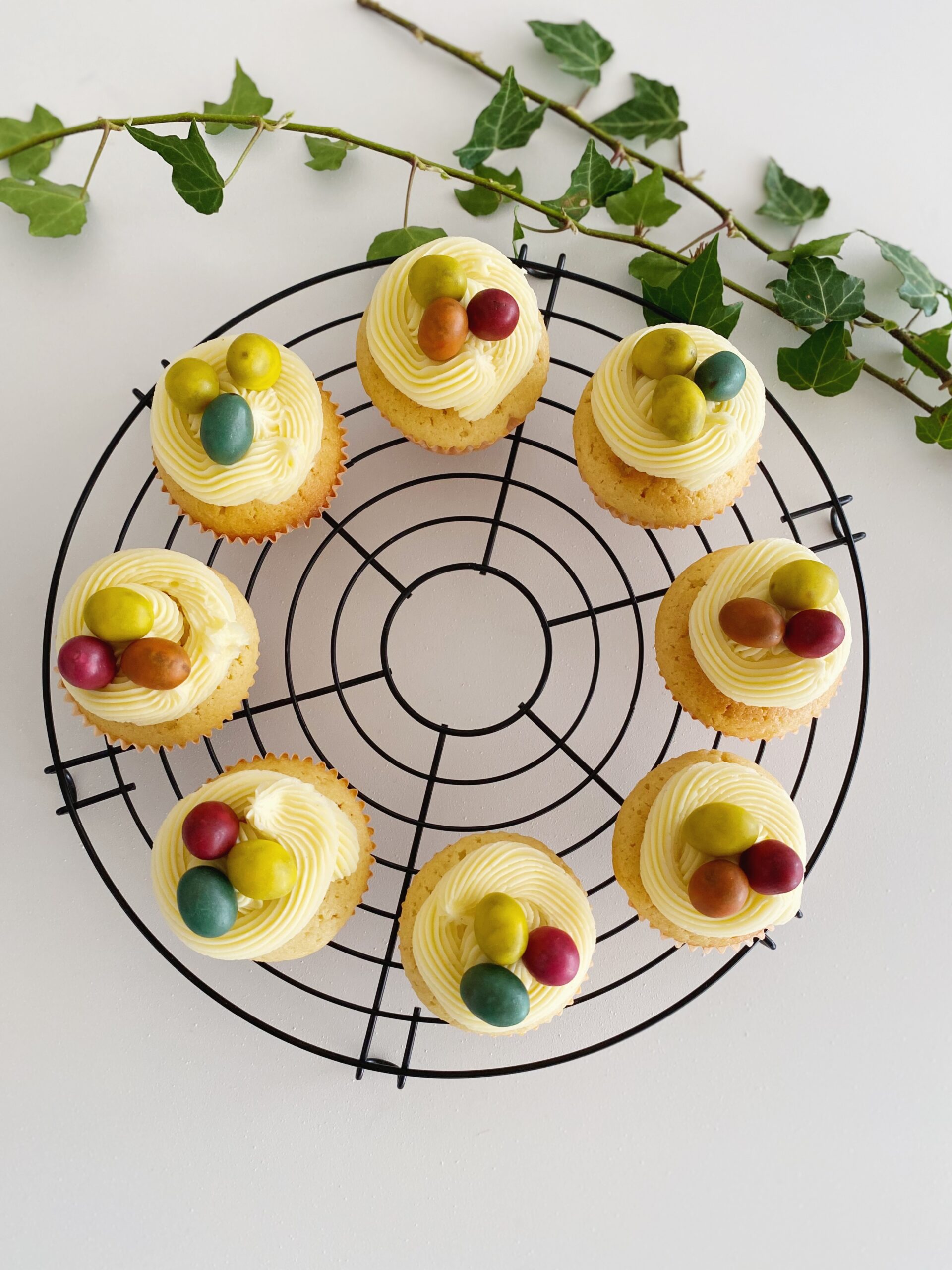 Påskemuffins set oppefra på en rund rist. Der ligger egefeu ved siden af
